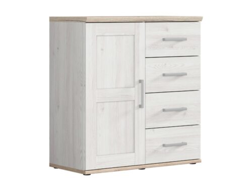 Vienų durų komoda su keturiais stalčiais ROMANCE 93 cm šviesus Sibiu maumedis/šviesus San Remo ąžuolas