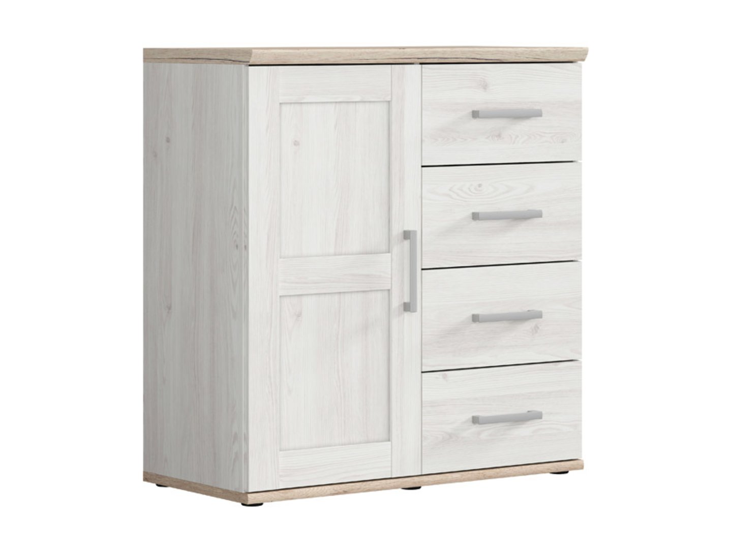 Vienų durų komoda su keturiais stalčiais ROMANCE 93 cm šviesus Sibiu maumedis/šviesus San Remo ąžuolas