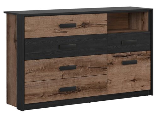 KASSEL komoda su vienomis durimis ir penkiais stalčiais, 150 cm, vienuolyno ąžuolas/juodas ąžuolas