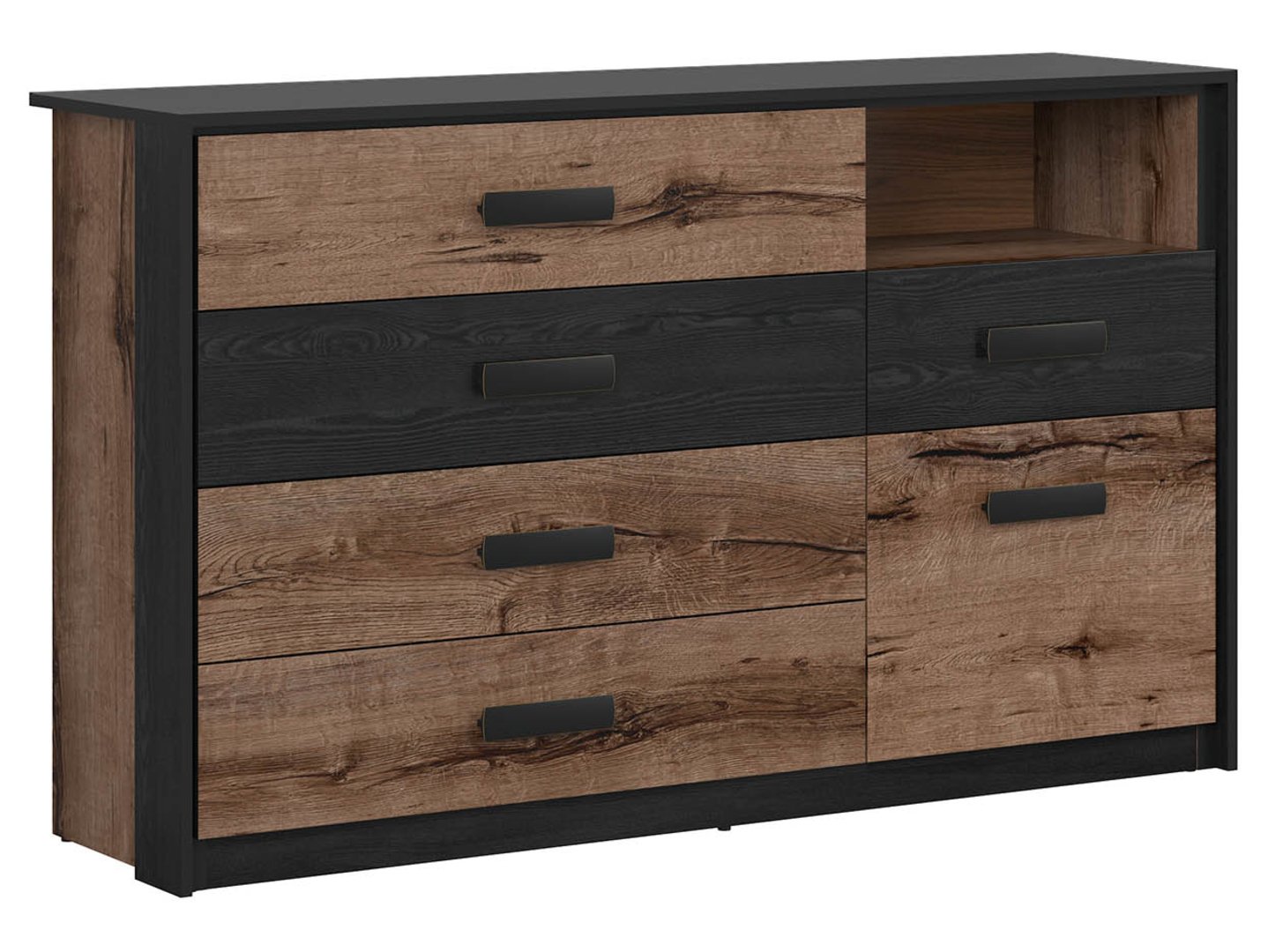KASSEL komoda su vienomis durimis ir penkiais stalčiais, 150 cm, vienuolyno ąžuolas/juodas ąžuolas