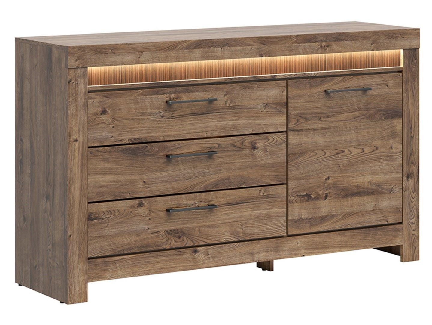 Vienų durų komoda su trimis stalčiais TORIN 157 cm, ąžuolo rudos spalvos, briaunota