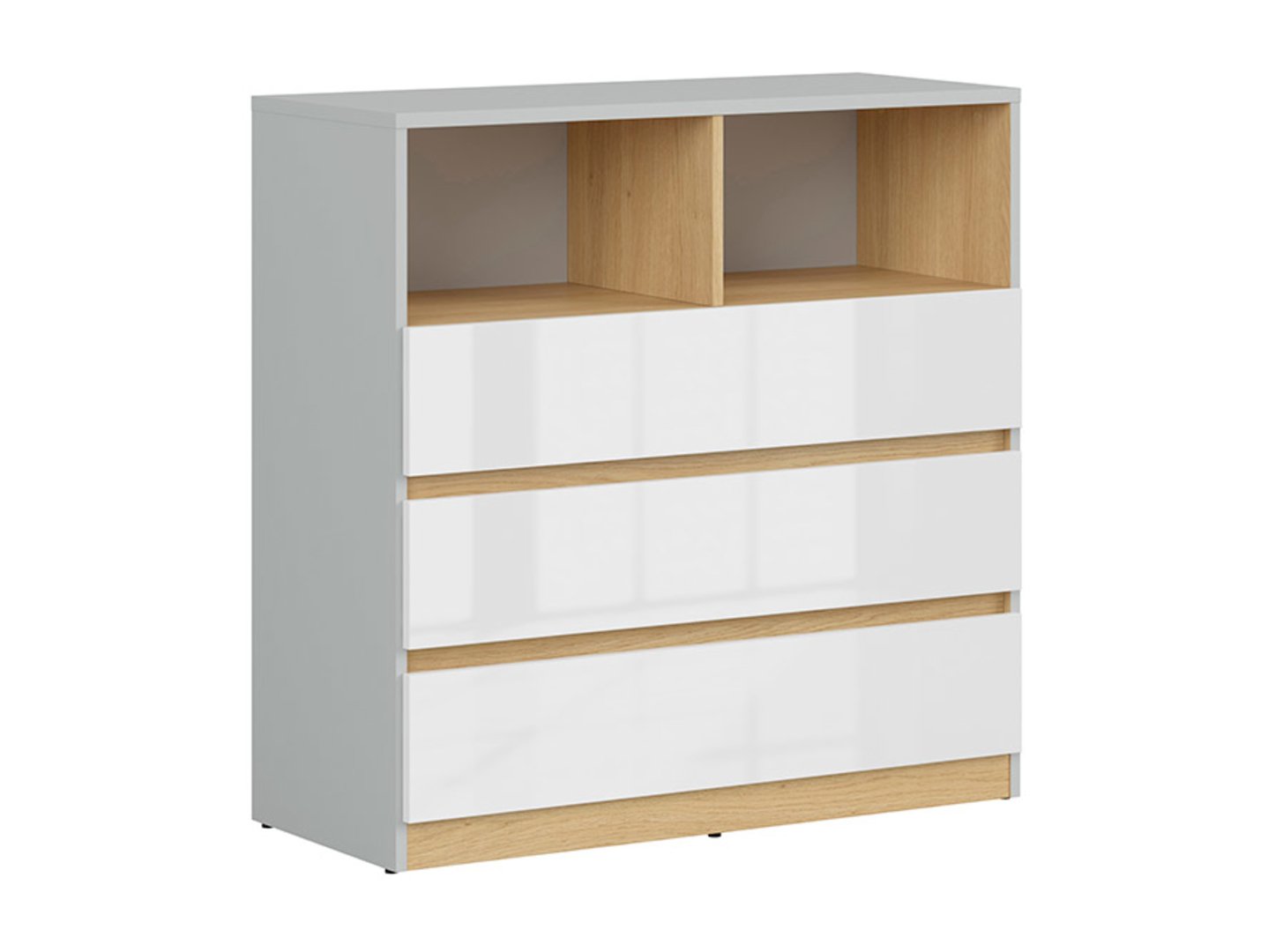 NANDU komoda su trimis durimis, 90 cm, šviesiai pilka/poliruoto ąžuolo spalva/blizgi balta spalva