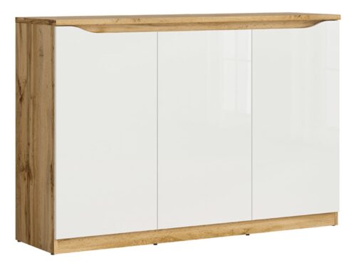 NUIS trijų durų komoda, 135 cm, wotan ąžuolas/balta blizgi spalva