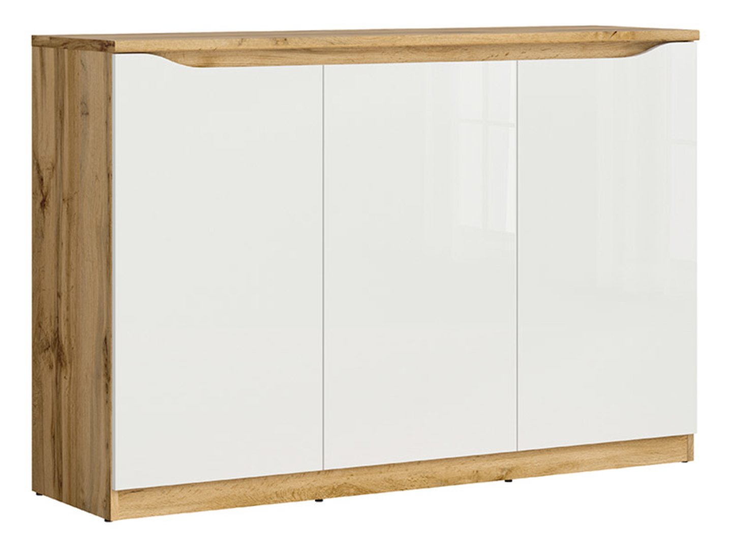 NUIS trijų durų komoda, 135 cm, wotan ąžuolas/balta blizgi spalva