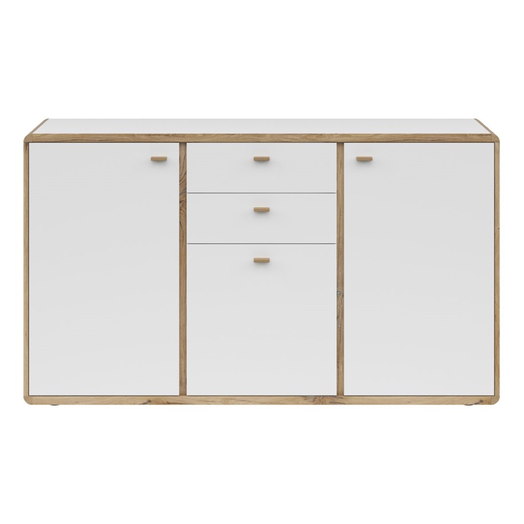 RONDA komoda su trimis durimis ir dviem stalčiais, 158 cm, vėliavos spalvos, šviesus ąžuolas/balta