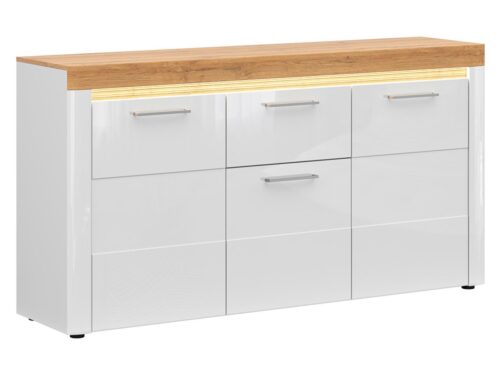 HORTON trijų durų komoda su stalčiais, 170 cm, auksinio ąžuolo „Grandson“ / baltos blizgios spalvos