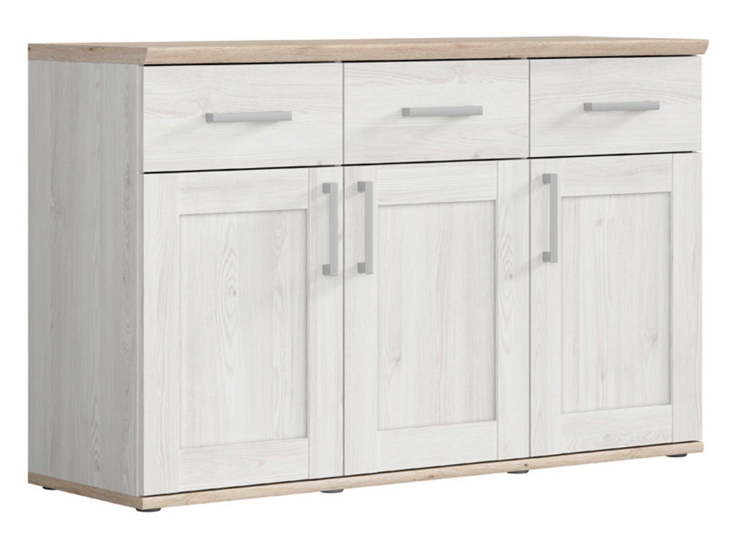 Trijų durų komoda su trimis stalčiais ROMANCE 139,5 cm šviesus Sibiu maumedis/šviesus San Remo ąžuolas