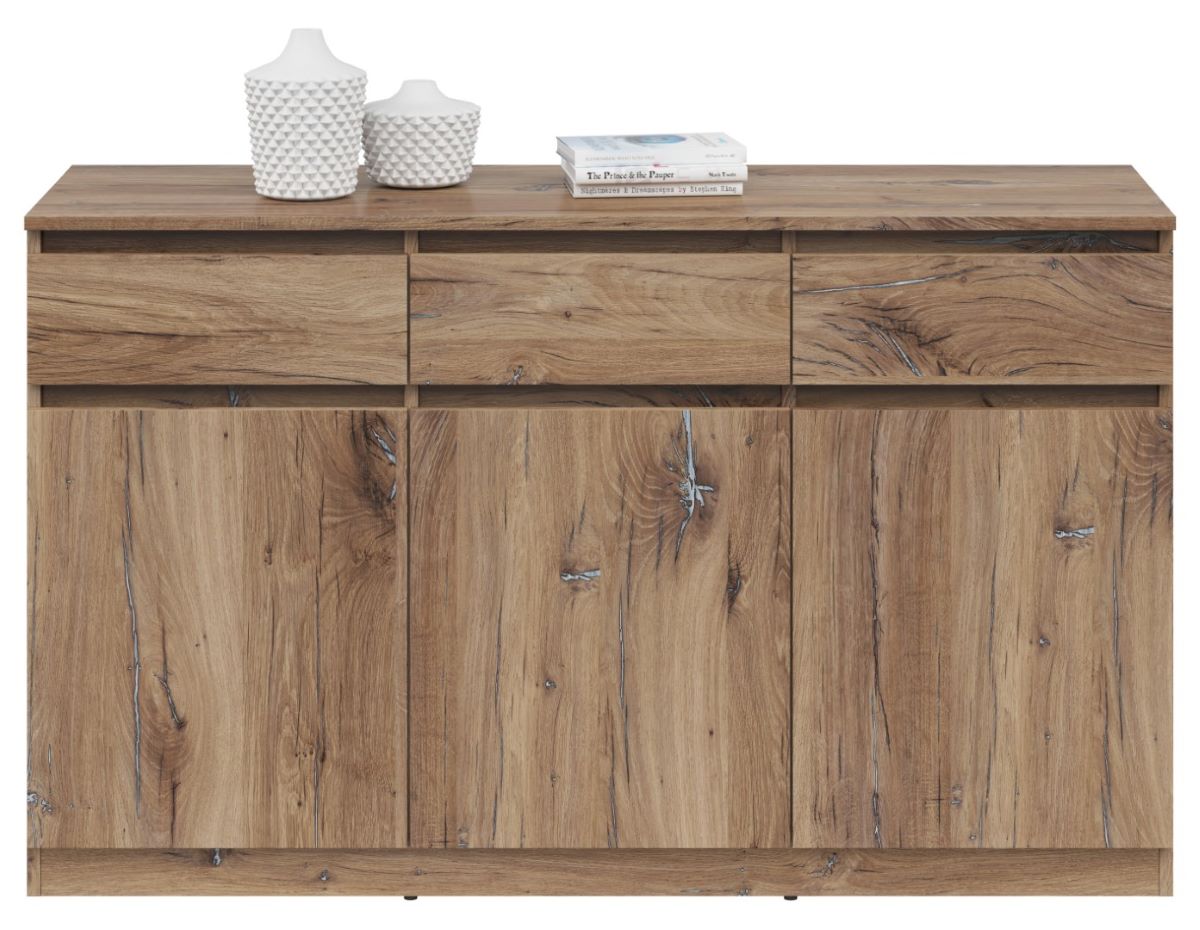 SATURN komoda su trimis durimis, 135 cm, tamsus ąžuolas, vėliavos spalvos