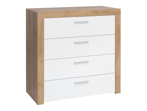 Komoda su keturiais stalčiais BALDER 90 cm Riviera ąžuolas/balta blizgi spalva