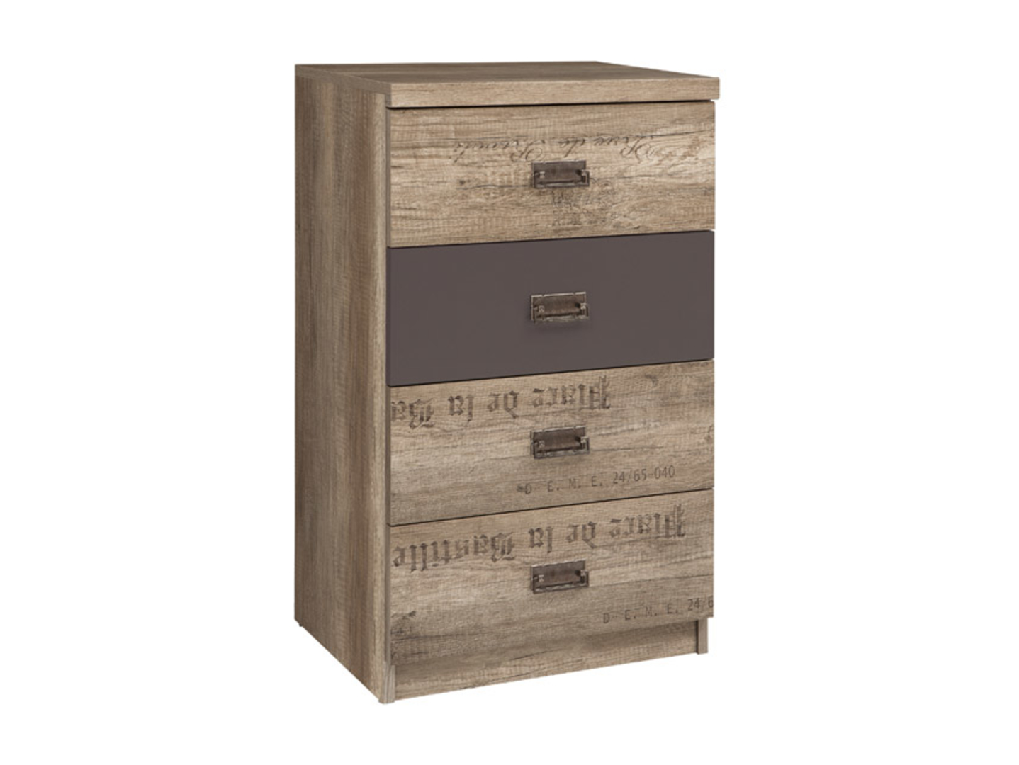 MALCOLM komoda su keturiais stalčiais, 50 cm, paminklinio ąžuolo imitacija/paminklinio ąžuolo imitacija su raštu