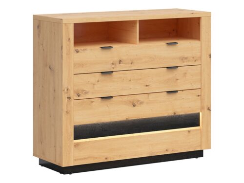 OSTIA komoda su keturiais stalčiais, 116,5 cm, Artisan ąžuolas / juoda blizgi spalva