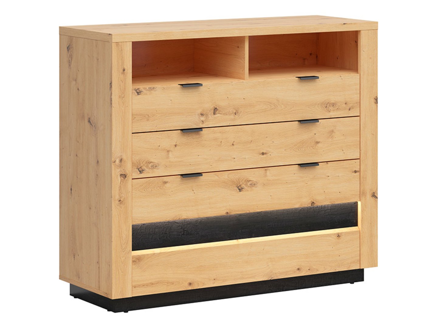 OSTIA komoda su keturiais stalčiais, 116,5 cm, Artisan ąžuolas / juoda blizgi spalva