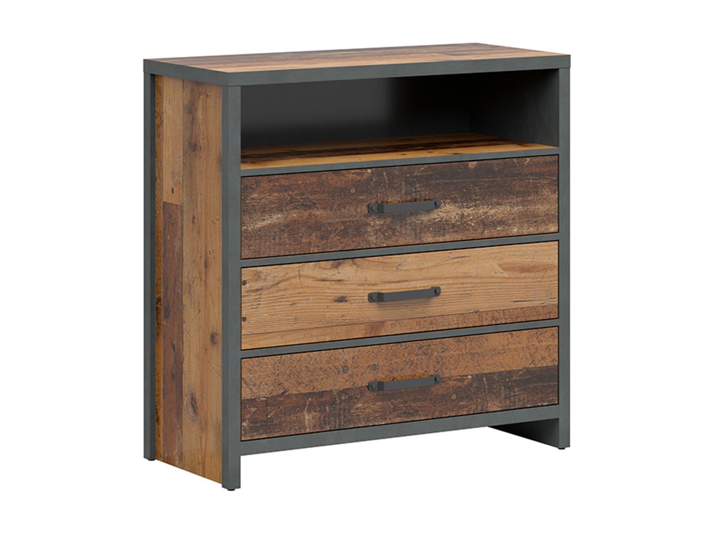 WESTON komoda su trimis stalčiais, 90 cm, senovinio stiliaus pušis, tamsi/čiužinys