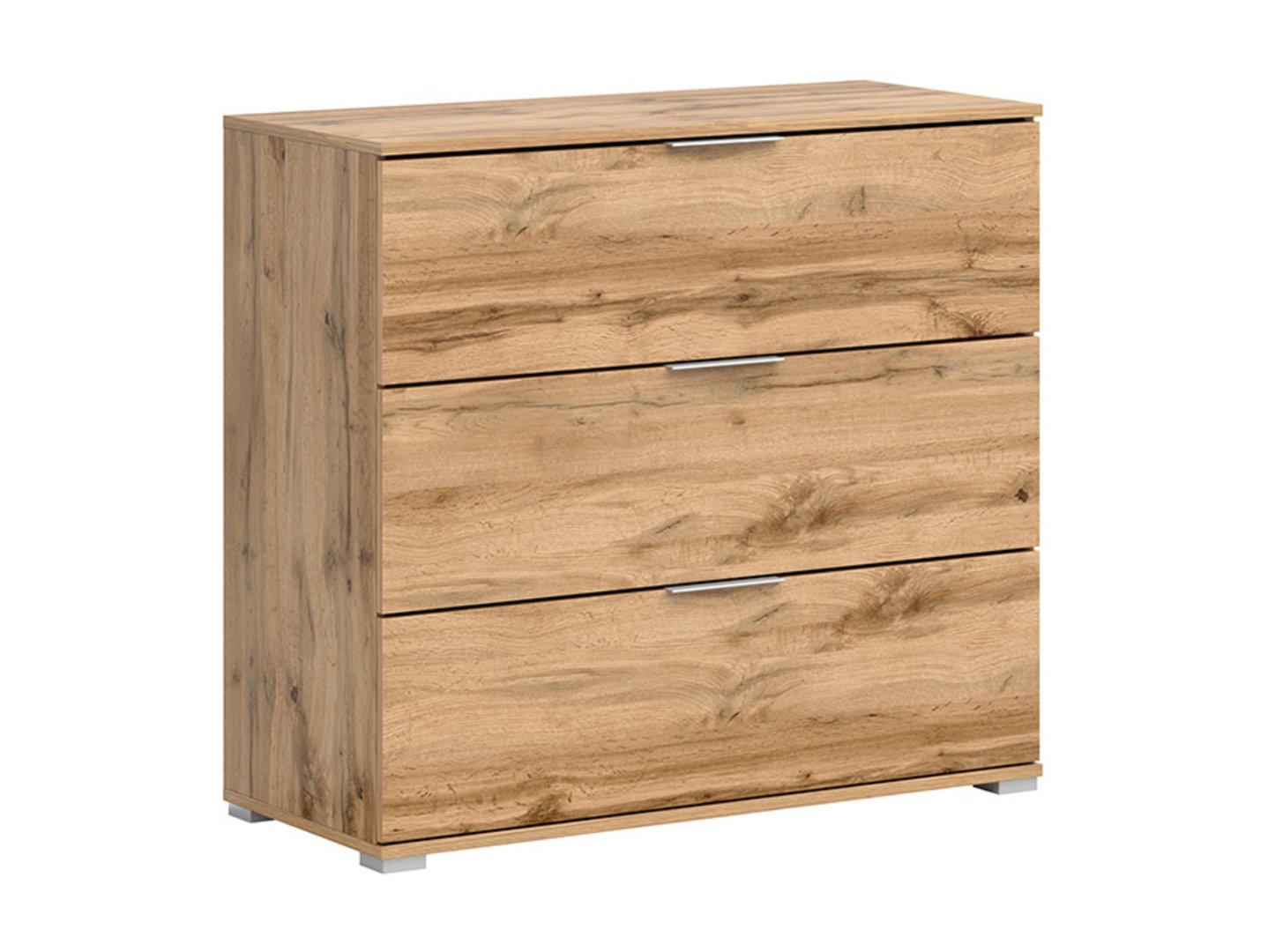 ZELE komoda su trimis stalčiais, 95 cm, ąžuolo spalvos, balta, blizgi