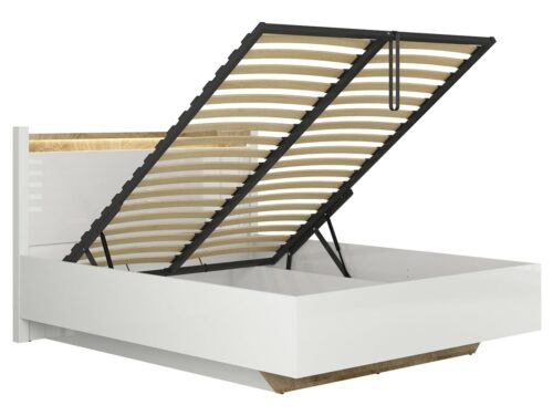 Lova 140 su daiktadėže ALAMEDA balta blizgi/vestminsterio ąžuolas