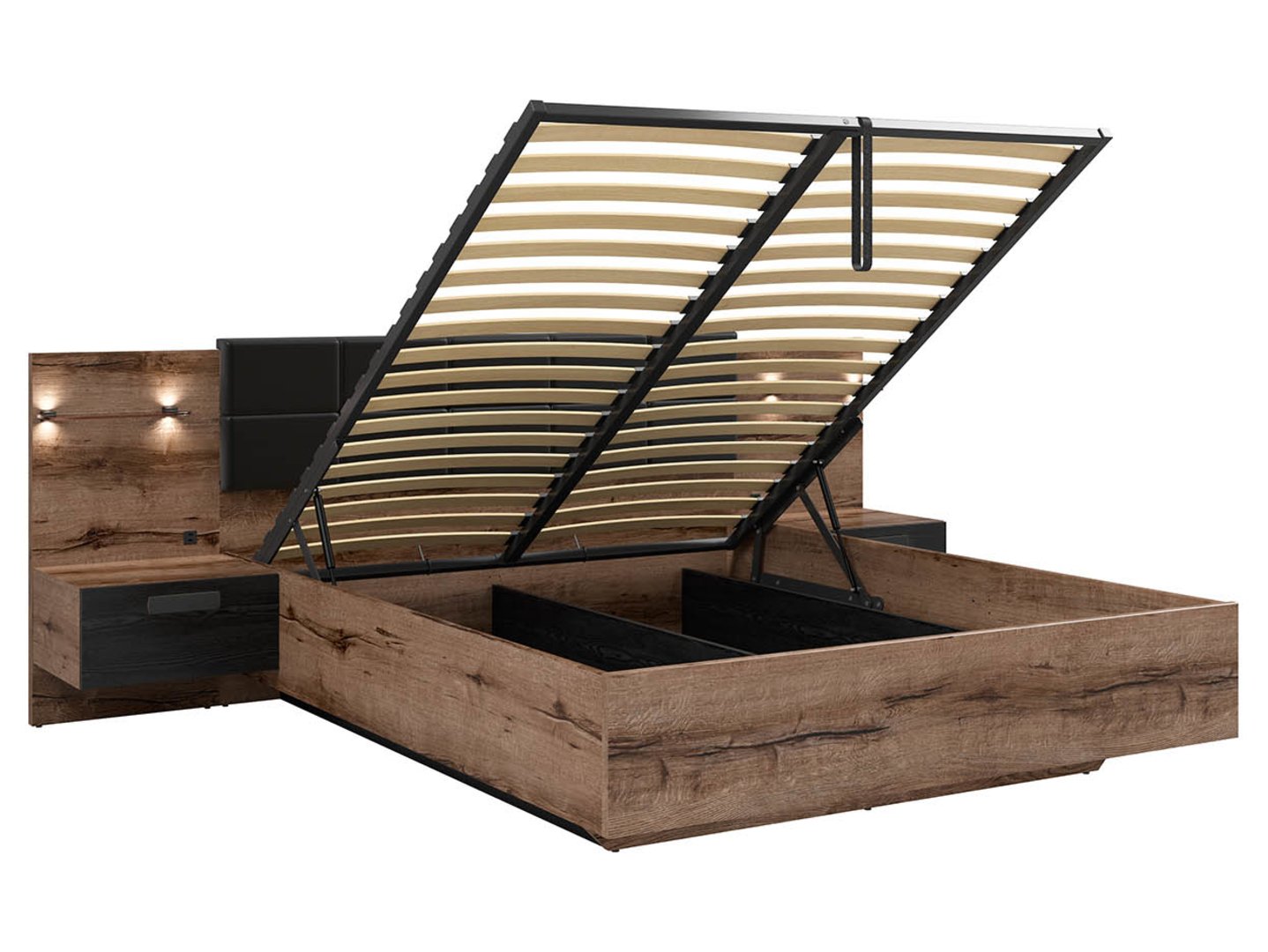 Lova 180 su daiktadėže ir naktiniais staliukais KASSEL vienuolyno ąžuolas/juodas ąžuolas