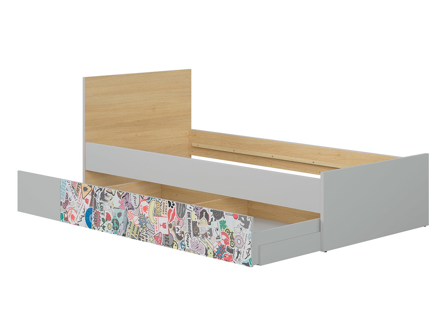 Lova 90 NANDU šviesiai pilka/poliruoto ąžuolo spalvos