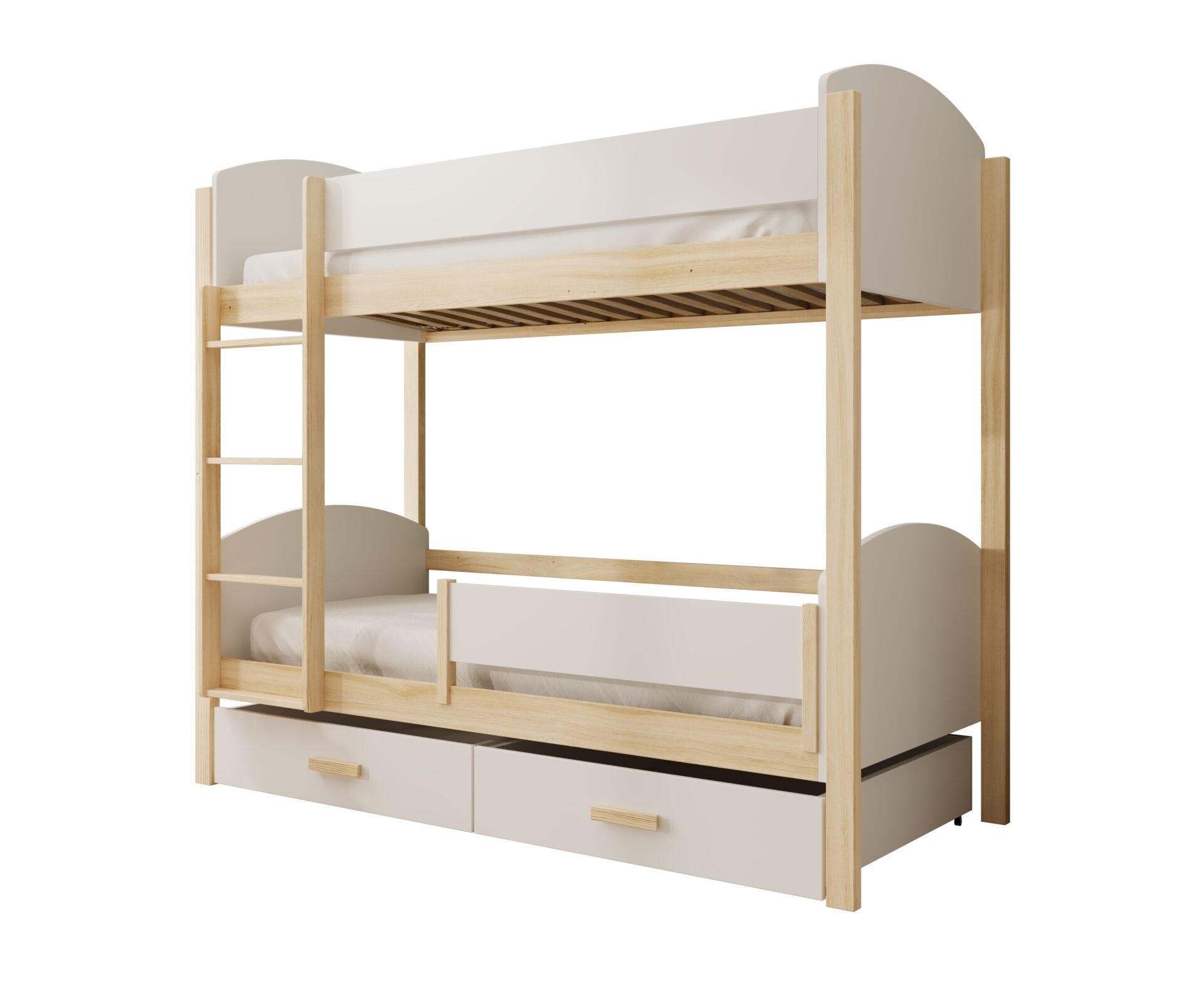 Jori vaikiška dviaukštė lova su turėklu, 180x80, balta/pušis, ADRK