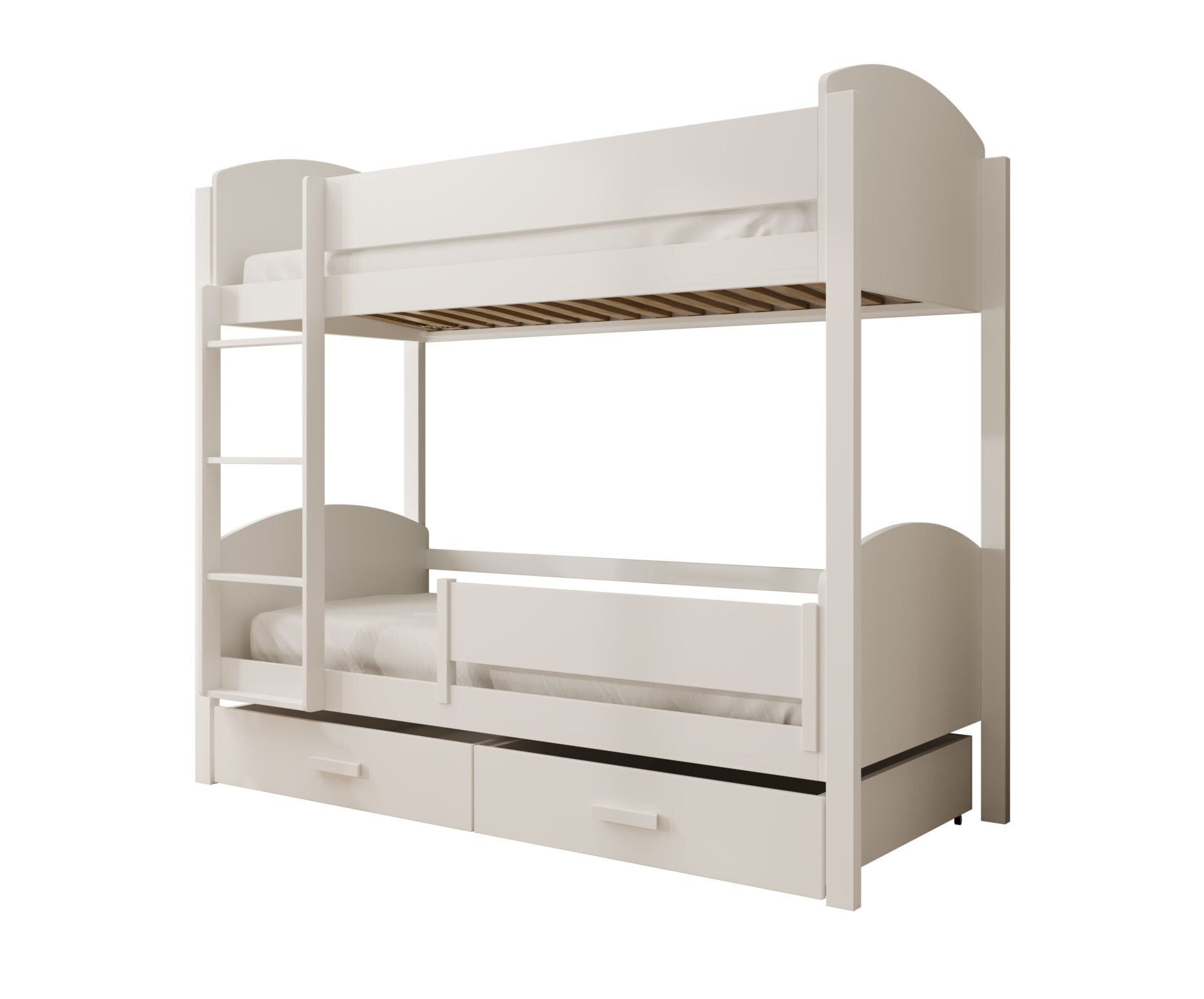 Jori vaikiška dviaukštė lova su turėklu 200x90 su čiužiniu, balta, ADRK