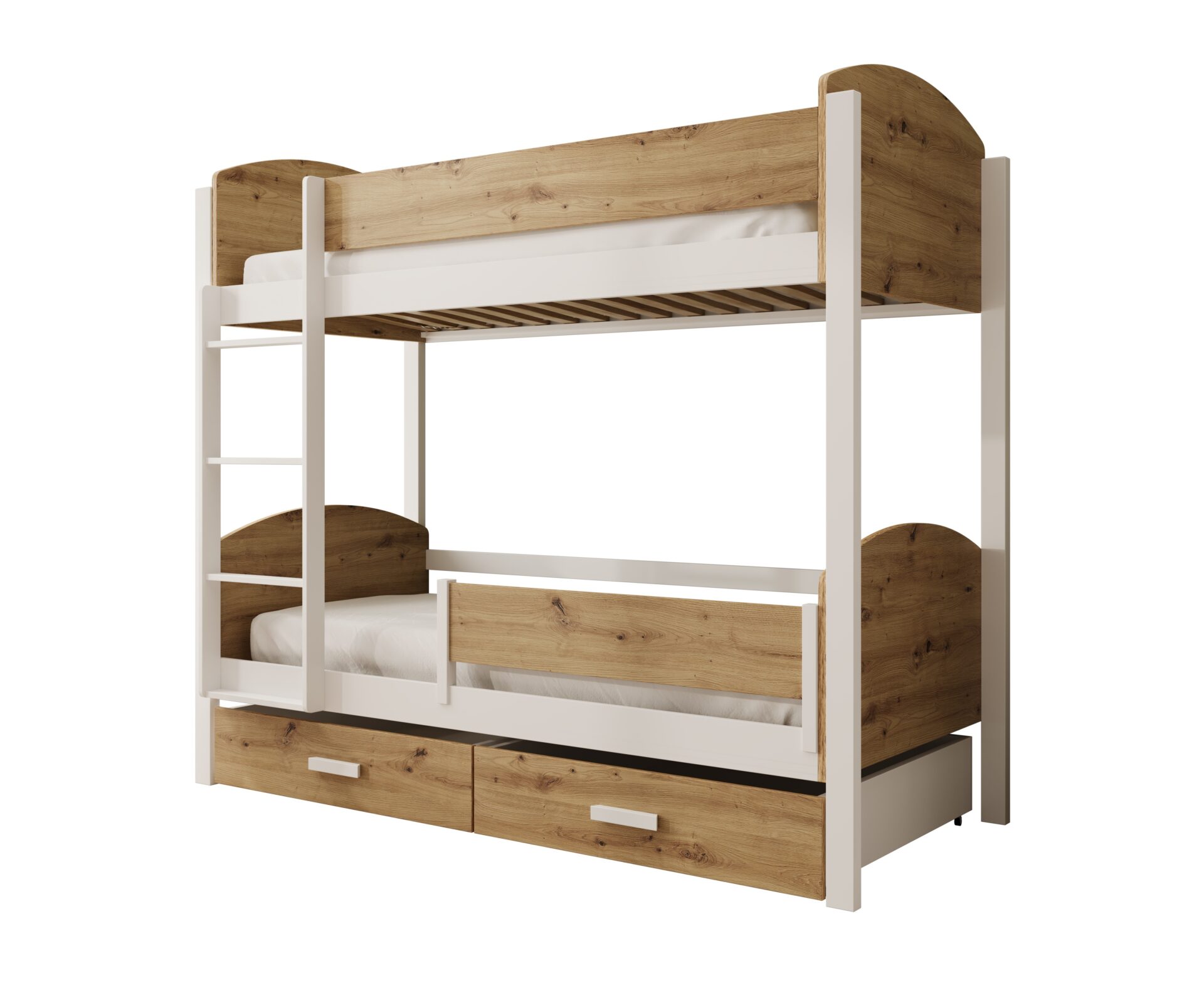 Jori vaikiška dviaukštė lova su turėklu 200x90 su čiužiniu, balta/Artisan, ADRK