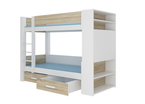 Dviaukštė lova su GARET 200×90 čiužiniais, balta/Sonoma ADRK