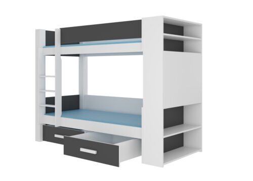 Dviaukštė lova su GARET 200×90 čiužiniais, balta/antracito spalvos, ADRK