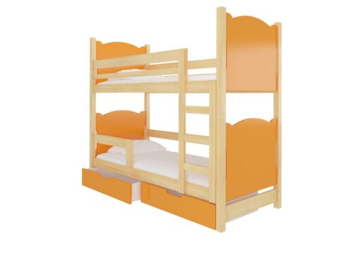 Dvigulė dviaukštė lova su MARABA pušies/oranžinio ADRK čiužiniais