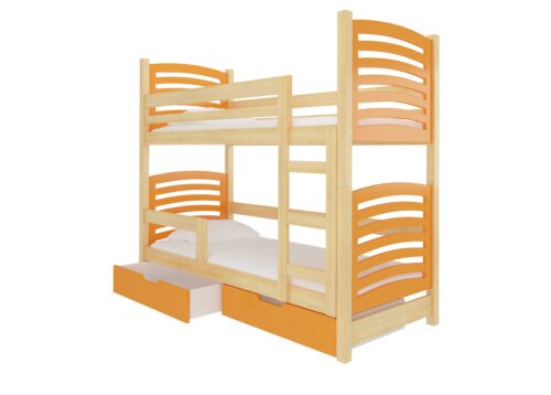 Dvigulė dviaukštė lova su OSUNA pušies/oranžinio ADRK čiužiniais