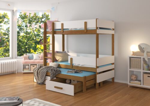 Trivietė dviaukštė lova su ETAPO čiužiniais 180×80 ąžuolo/baltos spalvos ADRK