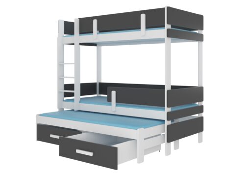 Trivietė dviaukštė lova su ETAPO čiužiniais 200×90 balta/antracito spalvos ADRK
