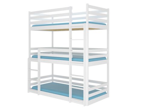 Trivietė dviaukštė lova su TEDRO 180×80 čiužiniais, balta, ADRK