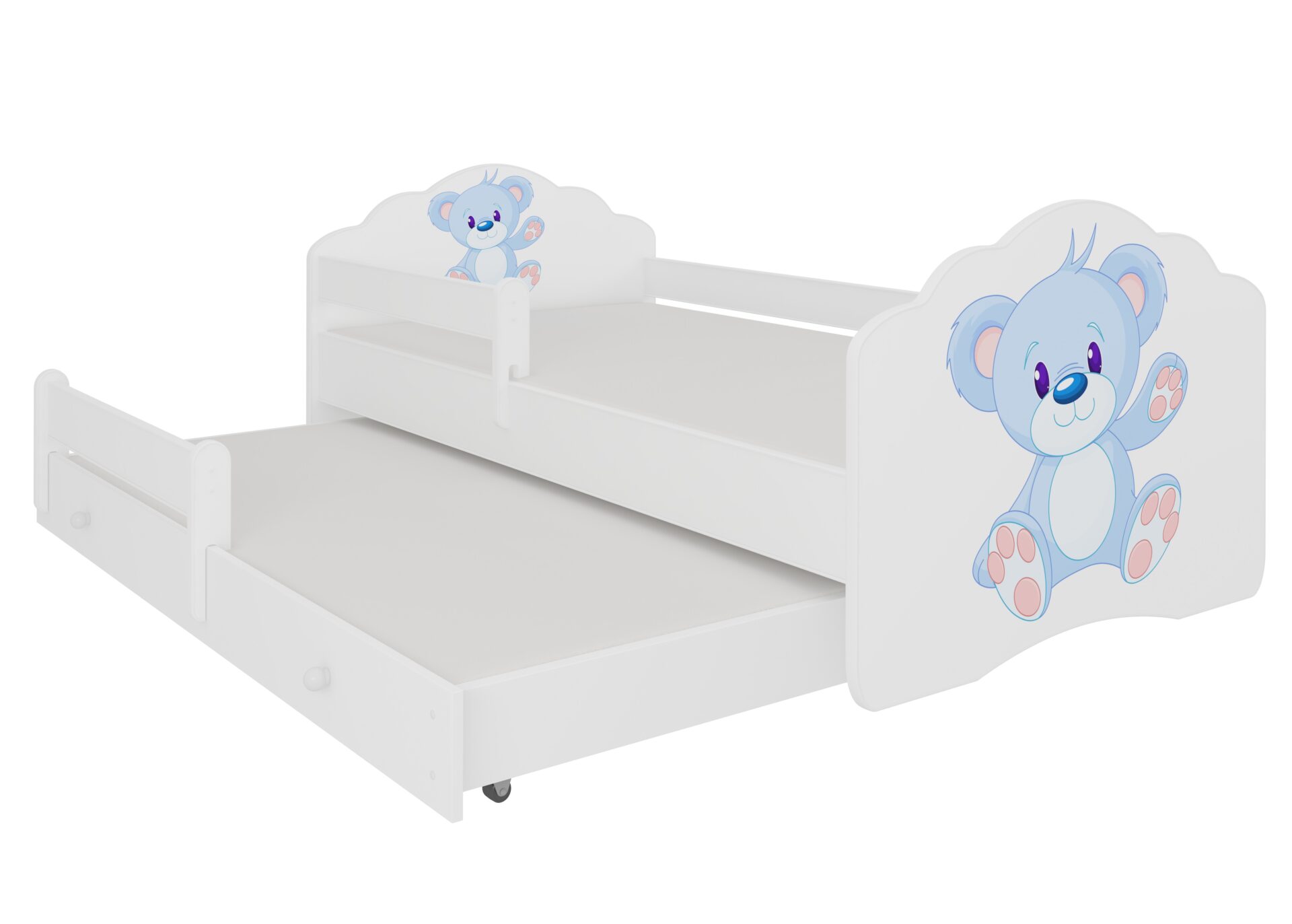 Dvigulė lova su karnizu ir čiužiniais CASIMO II BLUE MEŠKA 160x80 balta ADRK