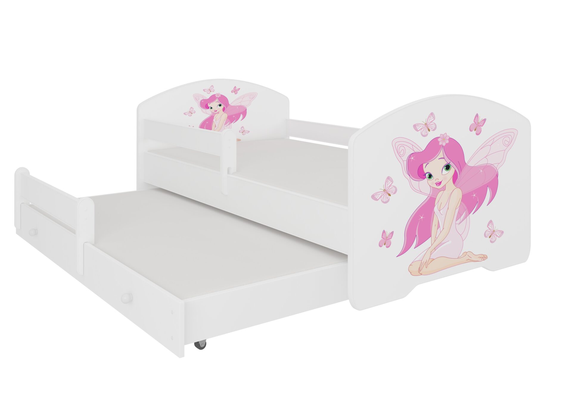 Dvigulė lova su karnizu ir čiužiniais PEPE II MERGAITĖ SU SPARNAIS 160x80 Balta ADRK