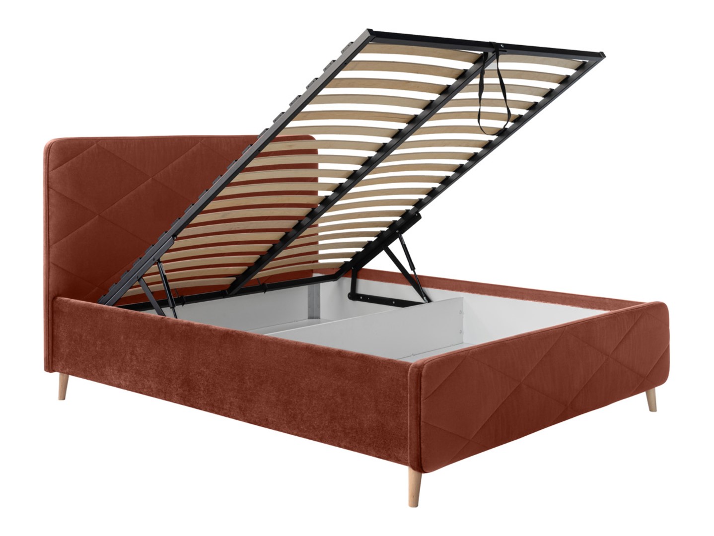 Bondo minkšta lova 140x200 su daiktadėže ant kojų ir rėmu, oranžinė