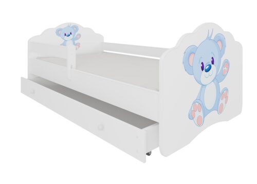Lova su čiužiniu, bėgeliu ir stalčiumi CASIMO BLUE BEAR 140×70 balta ADRK