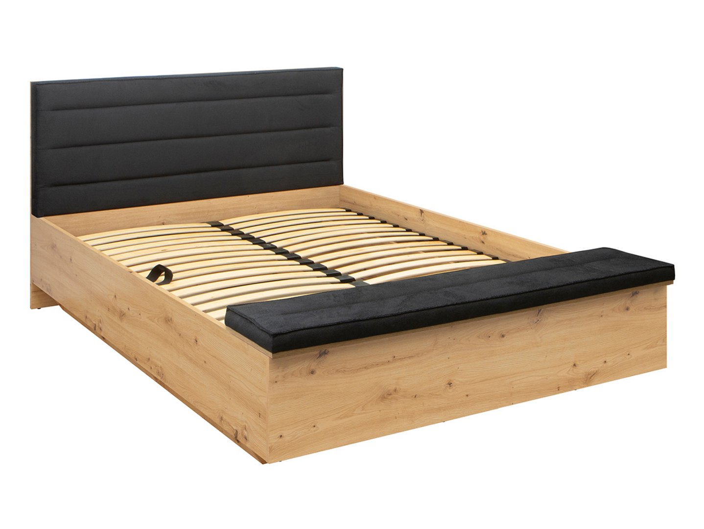 OSTIA lova su daiktadėže ir pakėlimo rėmu 145 cm, ąžuolo dirbiniai / juodos spalvos blizgios spalvos