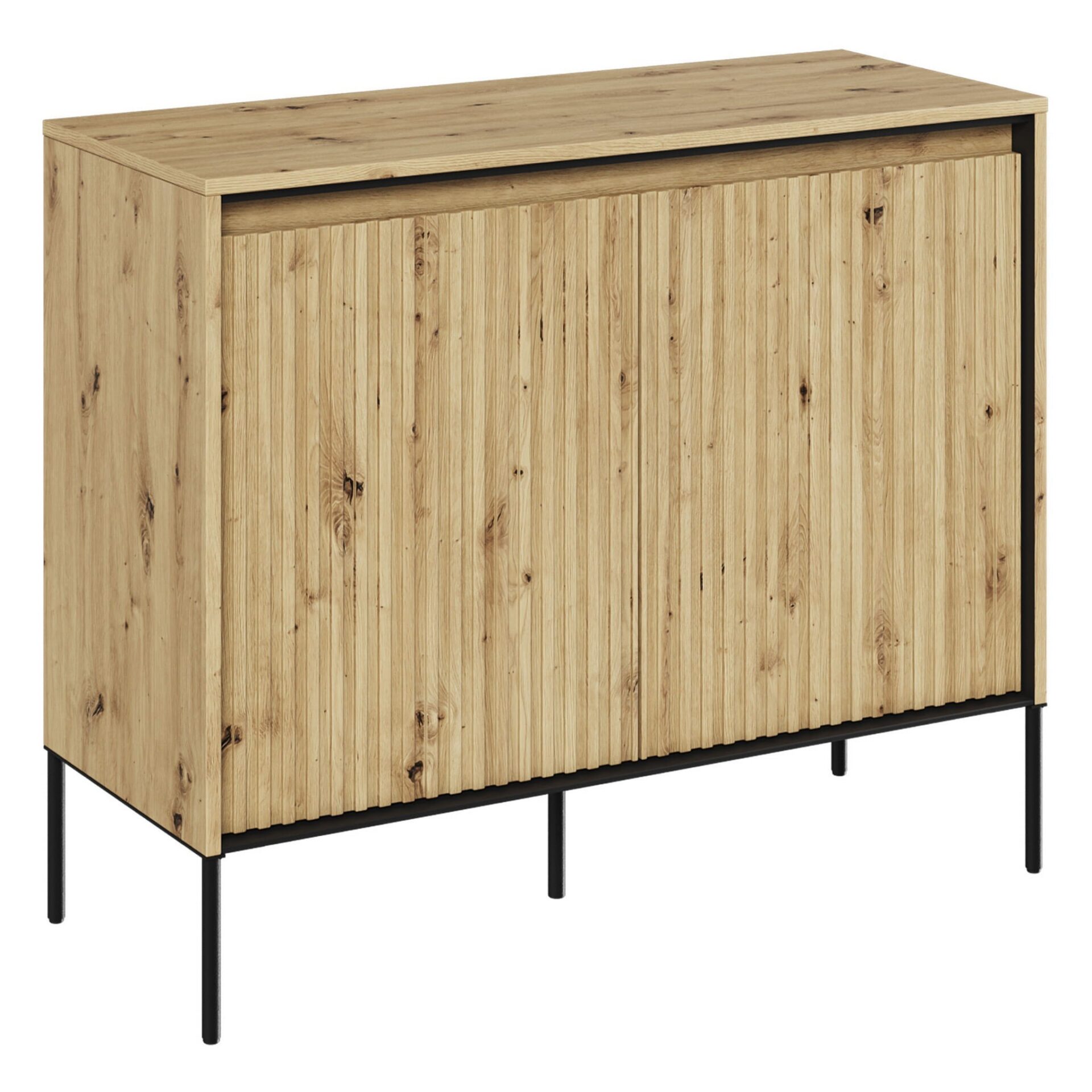 TREND 02 frezuota komoda, meniško ąžuolo/juodos kojelės