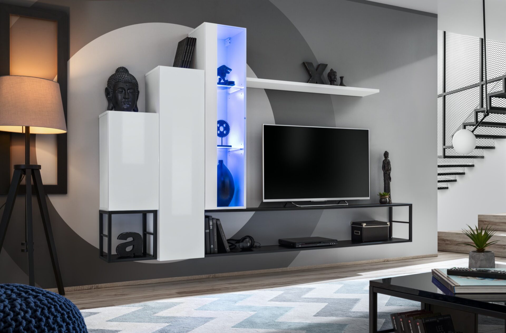 Sieninė spintelė su metaline lentyna Switch Met VIII balta/juoda ASM