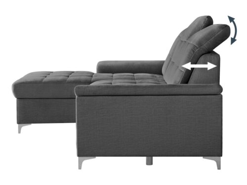 Ariado kairinė kampinė sofa, išskleidžiama, su skyriumi ir reguliuojamu atlošu, aksominė pilka