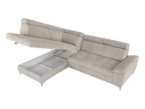 RAUL kairė išskleidžiama kampinė sofa su smėlio spalvos dėžute