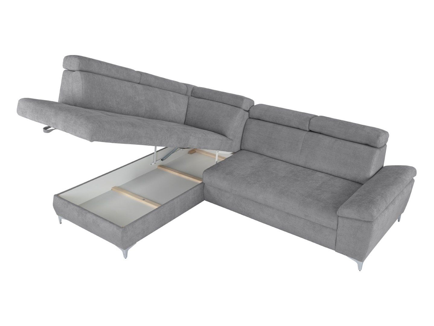 RAUL kairinė kampinė sofa, išskleidžiama, su daiktadėže, pilka