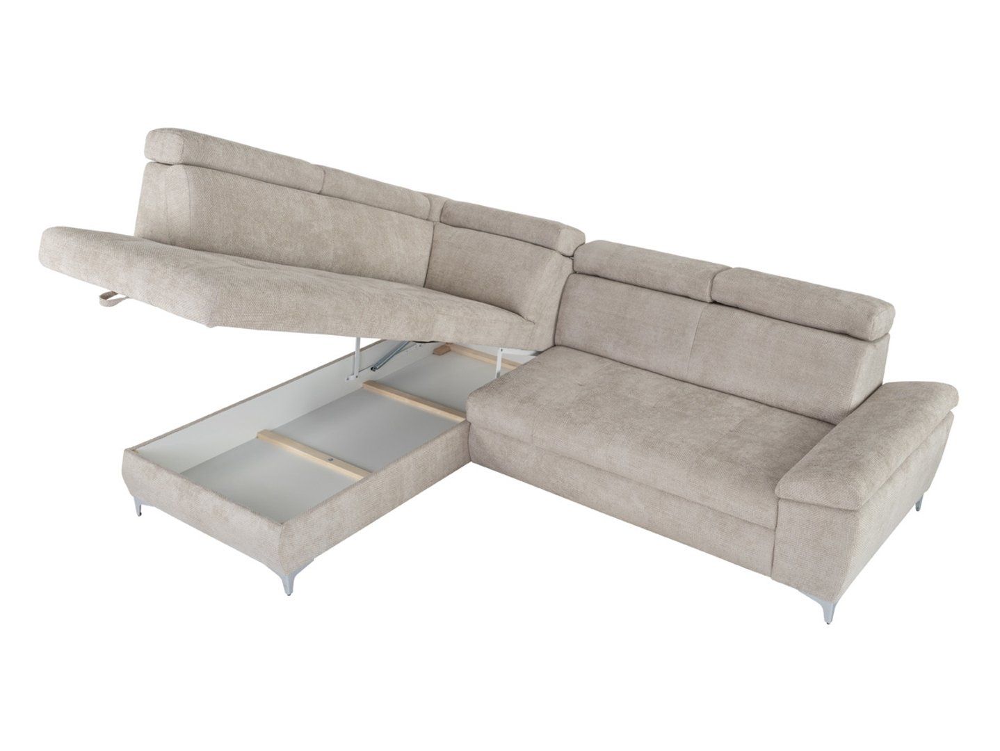 RAUL kairė išskleidžiama kampinė sofa su smėlio spalvos dėžute