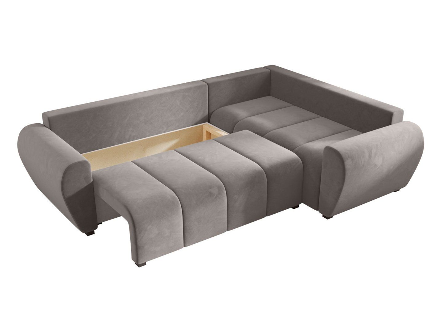 Molisa dešininė kampinė sofa, išskleidžiama su daiktadėže, velvetinė pilkšva