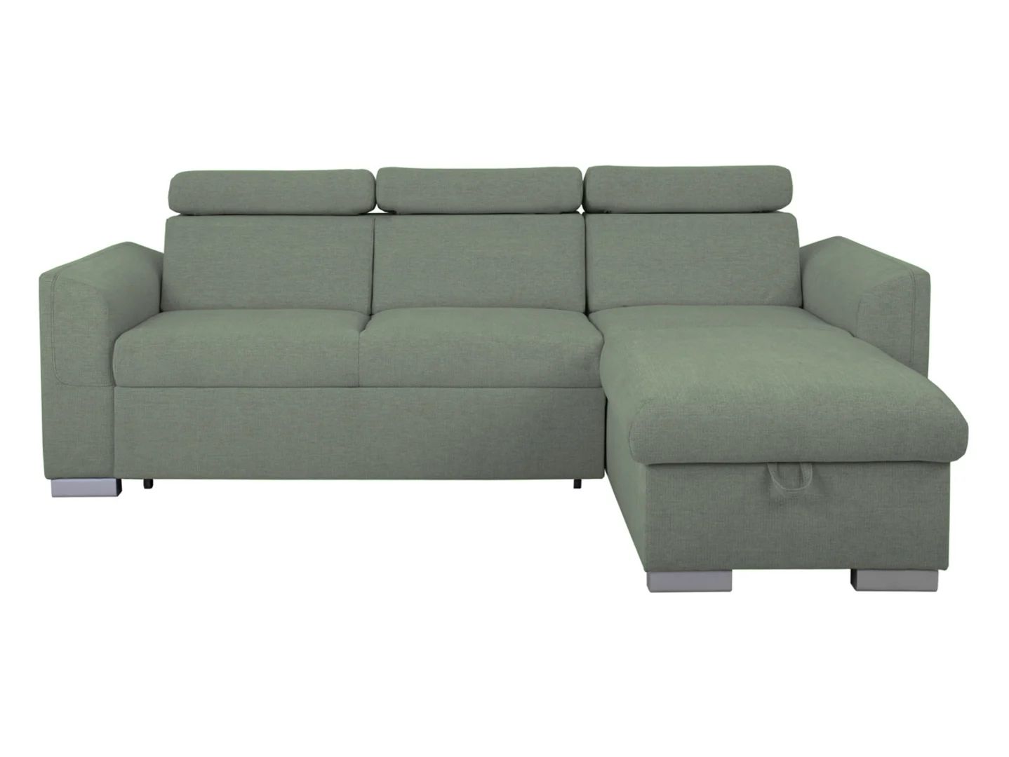 Evia universali kampinė sofa su miegojimo funkcija, indeliu ir reguliuojamais galvos atlošais, žalia