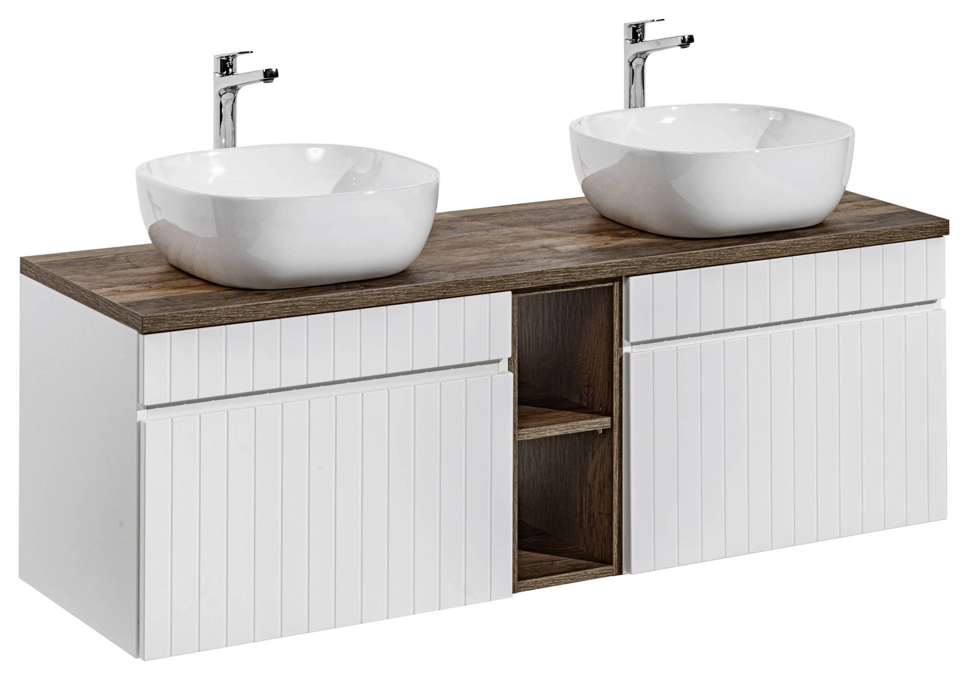 2 x ICONIC WHITE 82-80-D-1S spintelės su 2 x Smile praustuvais, stalviršiu ir lentyna