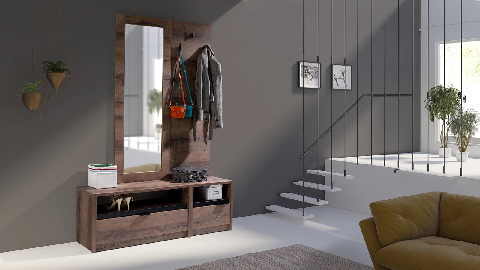 Denver spinta 137 cm Monastery Oak / Black Gloss Klasikinis dizainas modernioje versijoje Spinta mažam prieškambariui