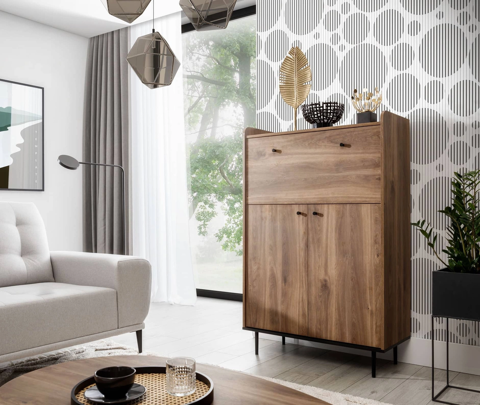 Apallo komoda 90 cm, brandy ąžuolas, castello, originalus dizainas, aukšti stalviršio kraštai, baras ant metalinių kojelių