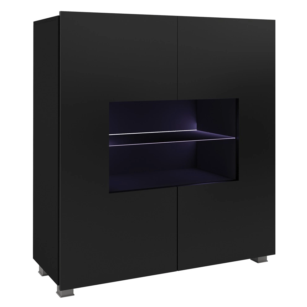 Apulia 100 cm stiklinė komoda, juodai blizgi, minimalistinio dizaino, stilinga komoda svetainei, paprastos formos, tinkanti bet kokiam interjerui