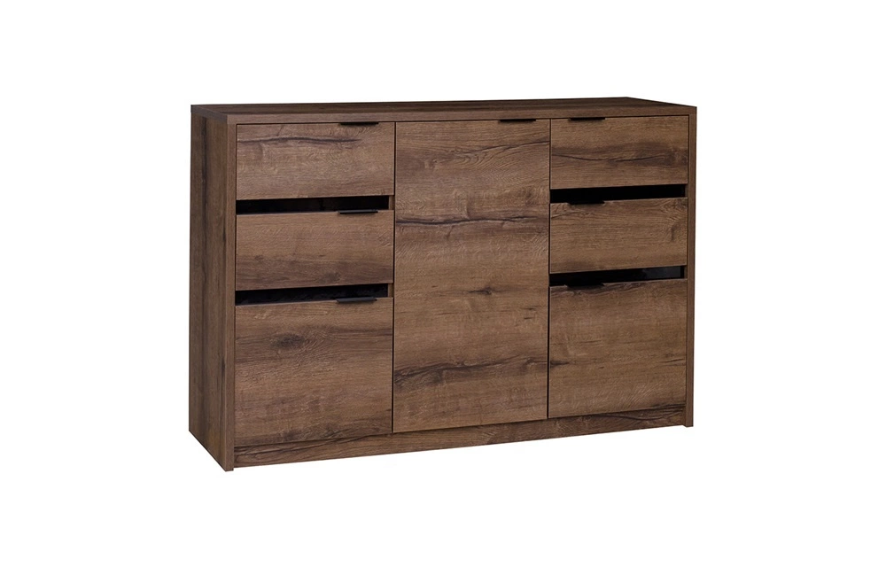 Denver komoda 135 cm, vienuolyno ąžuolas / juodas blizgus, paprastos formos komoda moderniame variante, patvarios metalinės rankenos