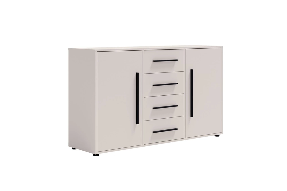 „Maxione“ komoda, 150 cm, smėlio spalvos, elegantiško ir universalaus stiliaus, tinkanti miegamajam arba svetainei, su skoningomis juodomis rankenėlėmis